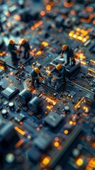 Poster - Miniature workers assemble components on a circuit board in a futuristic setting filled with glowing lights
