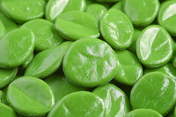 Sticker - Close-up of a pile of vibrant green, round and oval candy pieces, some with an embossed vein detail.