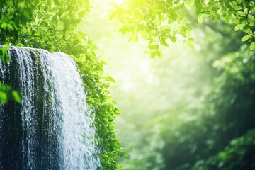 Poster - Beautiful waterfall cascading down rocks amidst lush green foliage in a serene forest during daylight hours. Generative AI