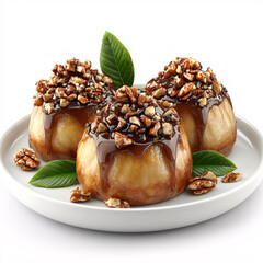 Wall Mural - Three caramel rolls adorned with nuts and chocolate drizzle, presented on a white plate with green leaves.