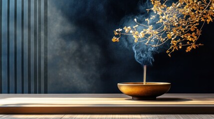 Wall Mural - Serene Incense Burning in Golden Bowl, Tranquil Atmosphere, Minimalist Zen Still Life Photography