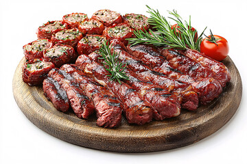 Wall Mural - Grilled sausage and stuffed tomato halves are arranged on a rustic wooden board, garnished with fresh rosemary sprigs and a tomato.