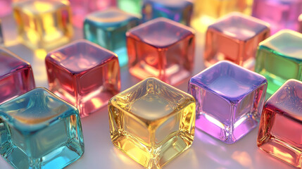 Poster - Realistic set of 3D glass cubes in different colors isolated on transparent background. Vector illustration of empty crystal blocks, square ice pieces with smooth glossy surface, light reflection