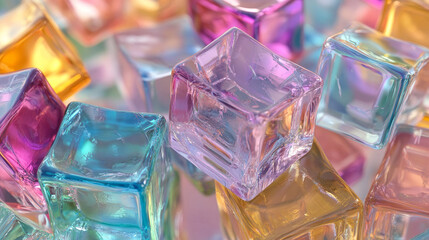 Poster - Realistic set of 3D glass cubes in different colors isolated on transparent background. Vector illustration of empty crystal blocks, square ice pieces with smooth glossy surface, light reflection