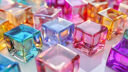 Poster - Realistic set of 3D glass cubes in different colors isolated on transparent background. Vector illustration of empty crystal blocks, square ice pieces with smooth glossy surface, light reflection