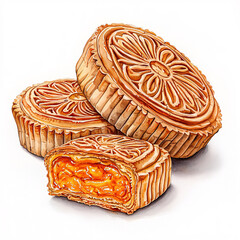 Wall Mural - Three ornate mooncakes, one cut open to reveal a vibrant orange filling, arranged on a stark white background.