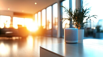 Poster - Modern minimalist living space featuring voice-controlled technology at sunset
