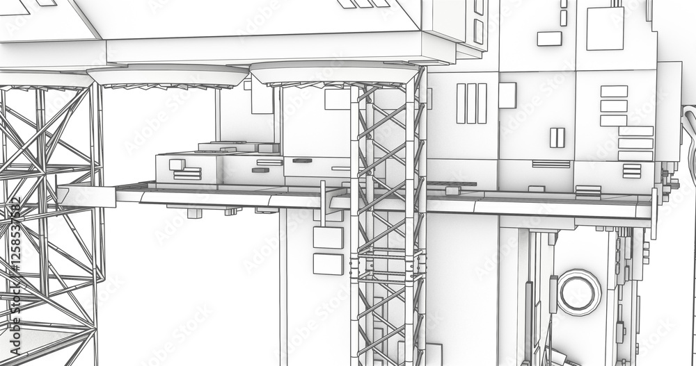 Industrial cargo dock metal beams loading area black outline line art ...