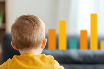Poster - Infant Boy Analyzing Digital Bar Graphs in Living Room Environment