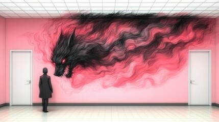 Sticker - A young woman stands before a striking wall mural depicting a wolf emerging from pink smoke.  The contrast of dark and light is captivating.