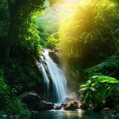 Poster - Waterfall cascades through lush green rainforest in serene nature setting under bright sunlight. Generative AI