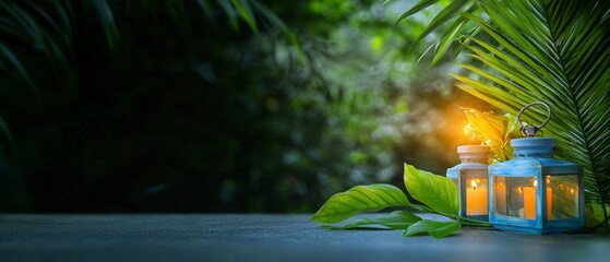 Wall Mural - Illuminated Blue Lanterns Amidst Lush Tropical Foliage at Night
