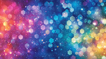 Poster - Purple pastel medical and tech background with hexagon pattern and bright sparkles. Realistic vector abstract bg with honeycomb geometric cell texture for medicine and science technology design.