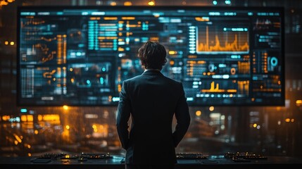 Wall Mural - Man observes vibrant data streams, city lights blur.