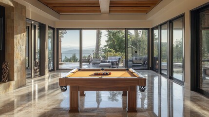 Wall Mural - Luxury Lake View Game Room: Billiards and Breathtaking Scenery