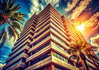 Wall Mural - Vintage Santa Cruz Skyscraper: Low Angle View of Tenerife Modern Building