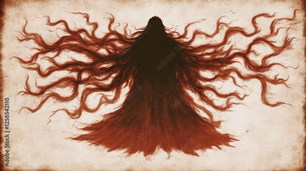 Mysterious figure shrouded in long, flowing auburn hair. Dark ...