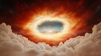 Poster - Fiery cosmic ring ablaze in a dark sky, surrounded by fluffy clouds. A breathtaking celestial spectacle.