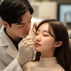 Calm Korean Woman Receiving Professional Under Eye Filler Treatment at Dermatology Clinic