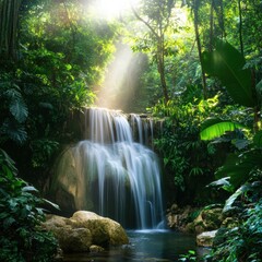 Poster - Waterfall cascades gently through lush greenery in a vibrant rainforest during daylight hours. Generative AI