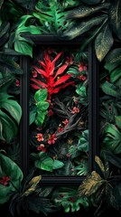 Wall Mural - Lush Tropical Leaves and Red Flower in Black Frame with Gold Glitter