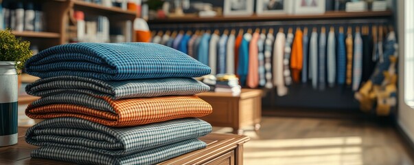 Poster - A cozy display of colorful pillows in a clothing store, highlighting a blend of textiles and fashion in a warm, inviting atmosphere.