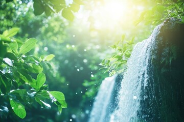 Poster - Waterfall cascading through lush greenery in a tranquil forest setting during daylight. Generative AI