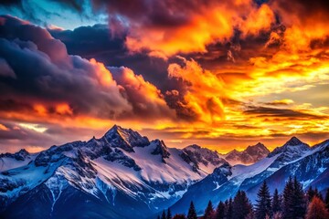 Wall Mural - Breathtaking Sunset Bokeh: Snowy Mountain Peaks Emerging from Clouds