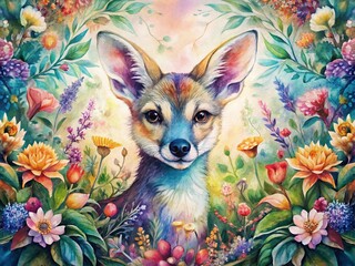 Wall Mural - Watercolor Animal Illustration on Floral Pattern Background - Stock Photo