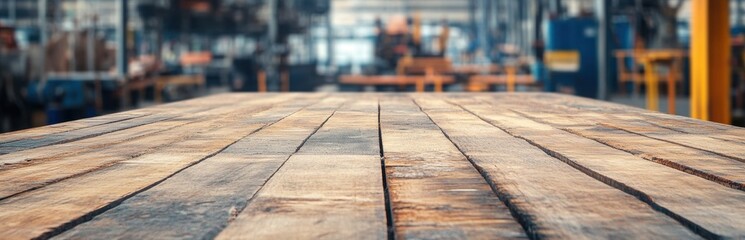 Poster - Close-up view of a rustic wooden table surface in an industrial workspace. Showcasing textures and natural materials, perfect for various design projects.