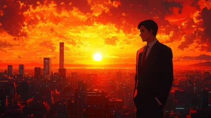 Wall Mural - Man in suit cityscape sunset contemplation