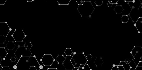 Poster - Molecular structure abstract tech background. Geometric black and white Vector banner design with hexagons. Science network pattern, connecting lines and dots Medical background, Vector illustration.