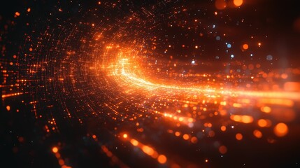 Wall Mural - Fiery orange tunnel of light particles, digital art.