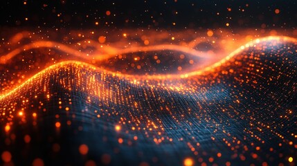 Glowing orange particles flow across dark grid