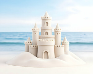 Wall Mural - Sandcastle built on a beach, the sea is calm behind it. For summer vacation and holiday