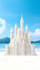 Wall Mural - Sandcastle on beach recreation, summer fun, vacation. Sea, island, cloud background for childhood dream, holidays