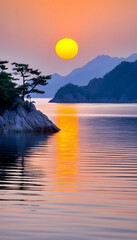 Wall Mural - seascape sunset with island, tranquil ripples and mountains. for travel and meditation images