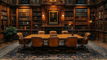 Canvas Print - Elegant library, rich wood, leather chairs, antique books