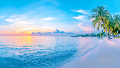 Wall Mural - Serene beach sunset with palm trees, showcasing relaxation and a vacation destination