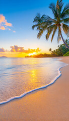 Wall Mural - serene beach sunset palm tree, golden sand, ocean waves, peaceful skyline. tourism, relaxation