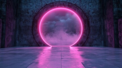 Sticker - Futuristic pink neon portal in a grunge setting. Mysterious and captivating.