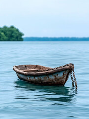 Wall Mural - small rowboat on calm sea, background with island forest for transportation or vacation imagery