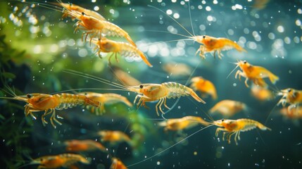 Aufkleber - Bright orange shrimp swim gracefully in clear water, creating a lively movement among bubbles and vibrant aquatic plants, highlighting their active lifestyle in a tranquil setting.