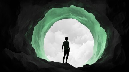 Wall Mural - silhouette of a man standing at the mouth of a cave, gazing at a bright sky. a journey's end or a ne