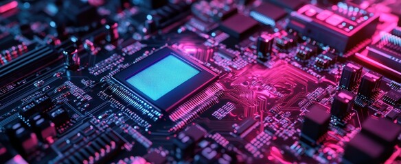 Poster - Close-up view of a vibrant circuit board featuring a microchip and illuminated neon lights. This image represents modern technology and intricate electronics.