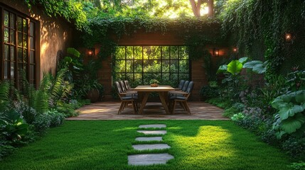 Wall Mural - Serene garden patio, wooden table, lush greenery.