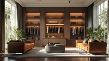 Poster - A modern, stylish living room features brown sofas, a minimalist coffee table, a clothing display, and greenery, illuminated by soft lighting.