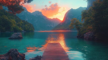 Poster - Lakeside sunset pier tranquil mountains