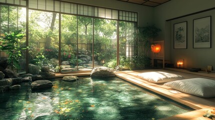 Wall Mural - Serene indoor pool, garden view, peaceful sanctuary.