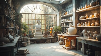 Wall Mural - Sunlit pottery studio, ancient bust, serene atmosphere.